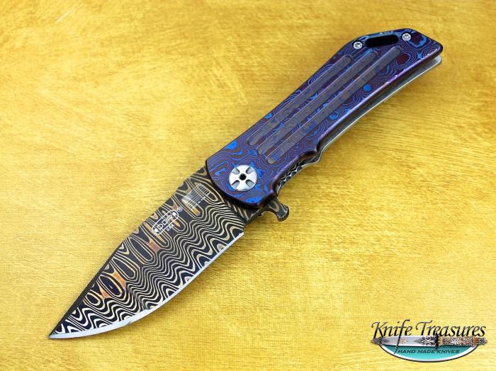 Custom Folding-Inter-Frame, Liner Lock, Chad Nichols Damascus Steel, Raindrop Mokuti Knife made by Darrel Ralph