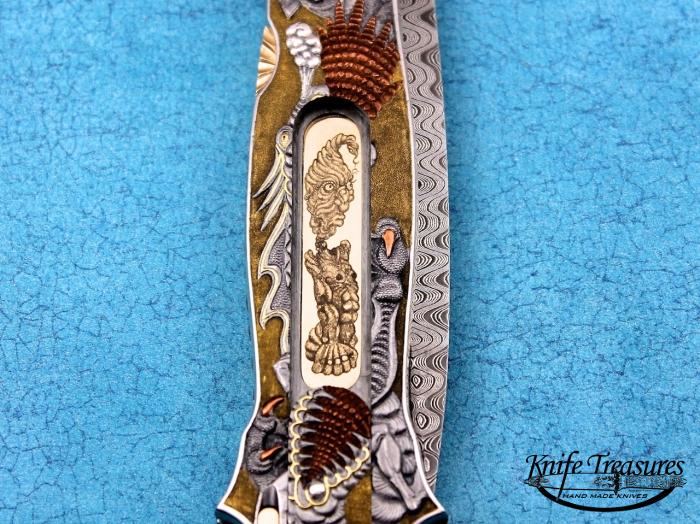Custom Folding-Inter-Frame, Mid-Lock, Mike Norris Ladder Pattern Damascus Steel, 416 Stainless Steel Knife made by Joe Kious