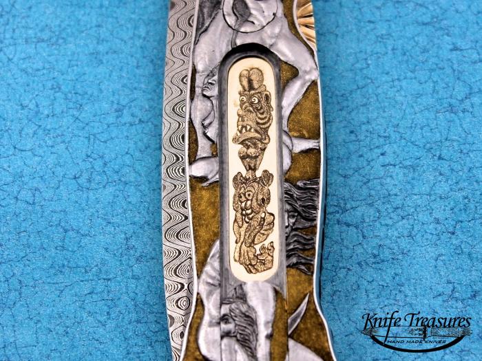 Custom Folding-Inter-Frame, Mid-Lock, Mike Norris Ladder Pattern Damascus Steel, 416 Stainless Steel Knife made by Joe Kious