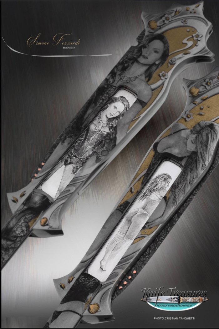 Custom Folding-Inter-Frame, Lock Back,  Mike Norris Bent Lighting Damascus, 416 Stainless Steel Knife made by Warren Osborne