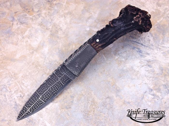 Custom Folding-Bolster, Slip Joint, Mosaic Danascus by Maker, Crown Stag with carved Snake Knife made by Steve Schwarzer