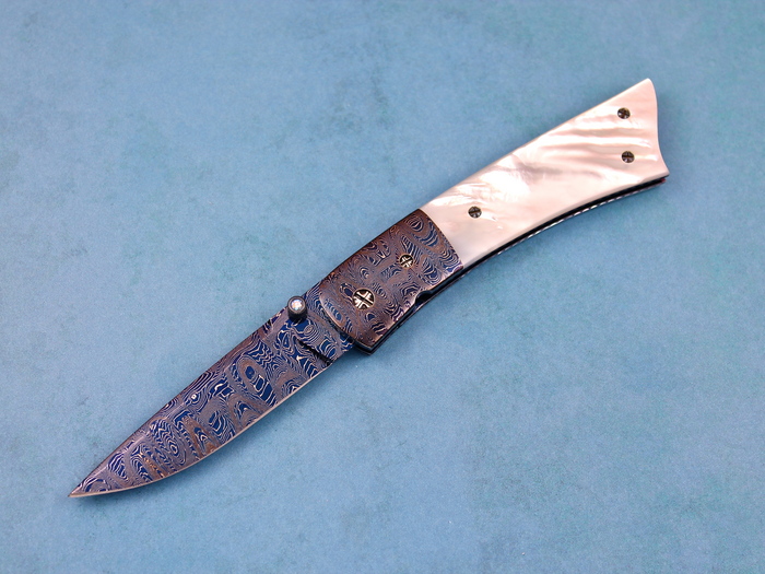Custom Folding-Bolster, Liner Lock, Mosaic Blued Damascus Steel, Mother Of Pearl Knife made by Barry Gallagher