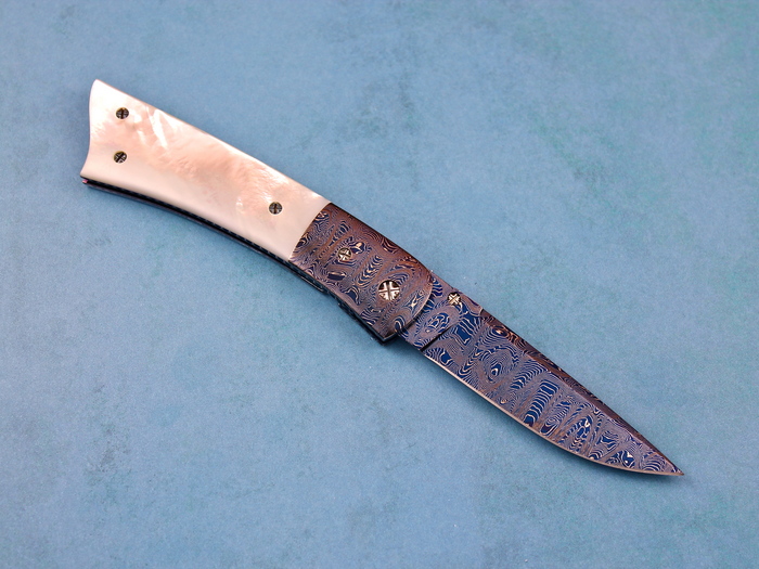 Custom Folding-Bolster, Liner Lock, Mosaic Blued Damascus Steel, Mother Of Pearl Knife made by Barry Gallagher