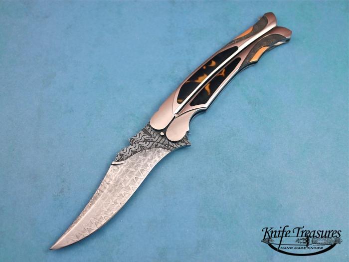 Custom Fixed Blade, N/A, Mike Norris Ladder Pattern Damascus Steel, Exotic Scales and Gold Knife made by Ronald Best