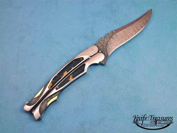 Custom Fixed Blade, N/A, Mike Norris Ladder Pattern Damascus Steel, Exotic Scales and Gold Knife made by Ronald Best