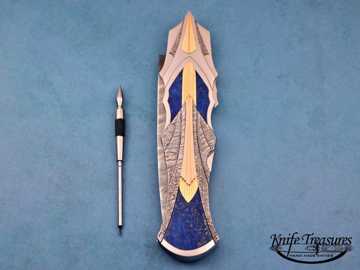 Custom Folding-Inter-Frame, Lock Back, Twist Pattern Damasteel, Gold, MOP, Blue Lapis, Damascus Knife made by Ronald Best