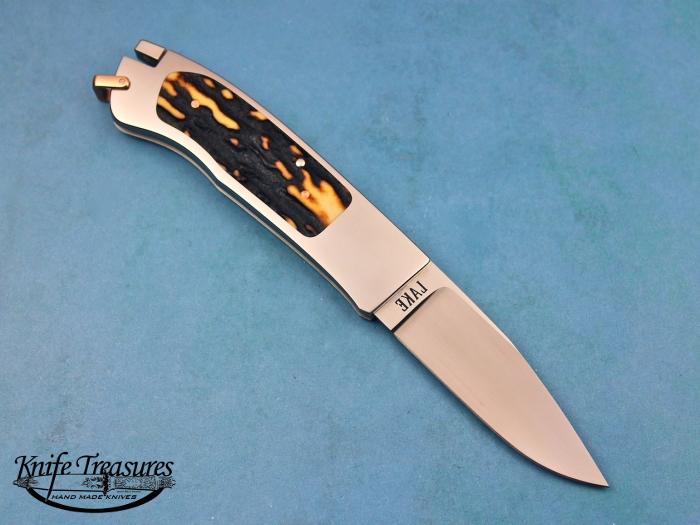Custom Folding-Inter-Frame, Tail Lock, ATS-34 Stainless Steel, Amber Stag Knife made by Ron Lake