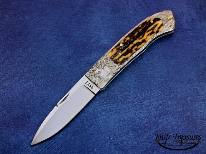 Custom Folding-Inter-Frame, Lock Back, ATS-34 Steel, Red Amber Stag Knife made by Ron Lake