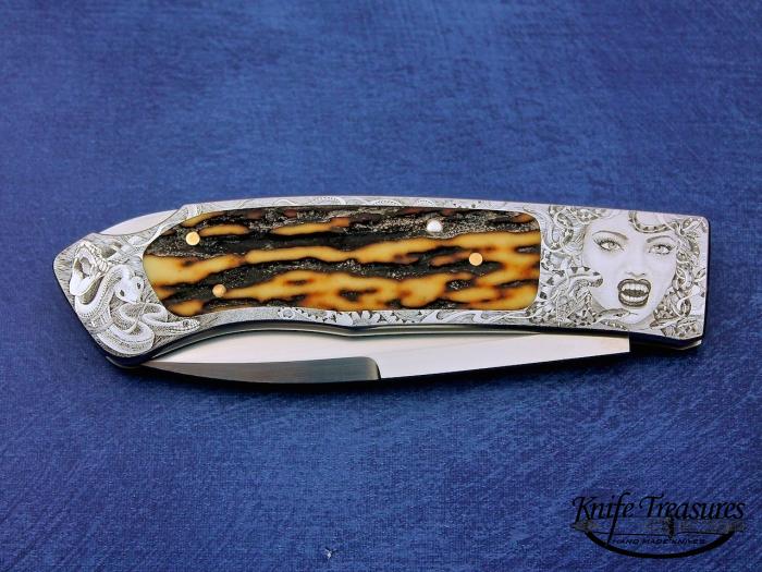 Custom Folding-Inter-Frame, Lock Back, ATS-34 Steel, Red Amber Stag Knife made by Ron Lake