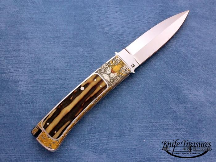 Custom Folding-Inter-Frame, Tail Lock,  A-2 Stainless Steel, Amber Stag Knife made by Ron Lake