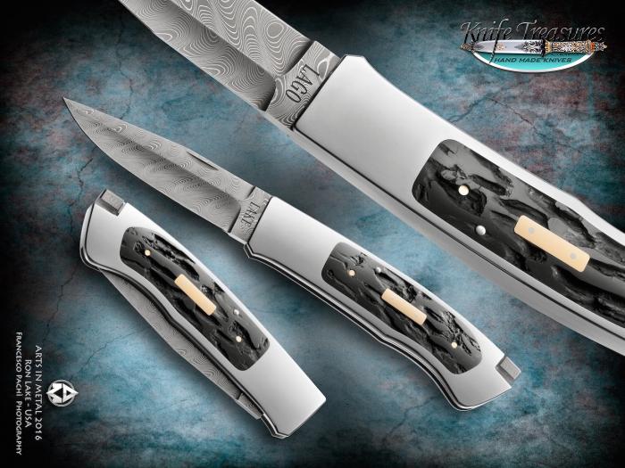 Custom Folding-Inter-Frame, Tail Lock, Damascus, Surface Black Buffalo Horn Knife made by Ron Lake