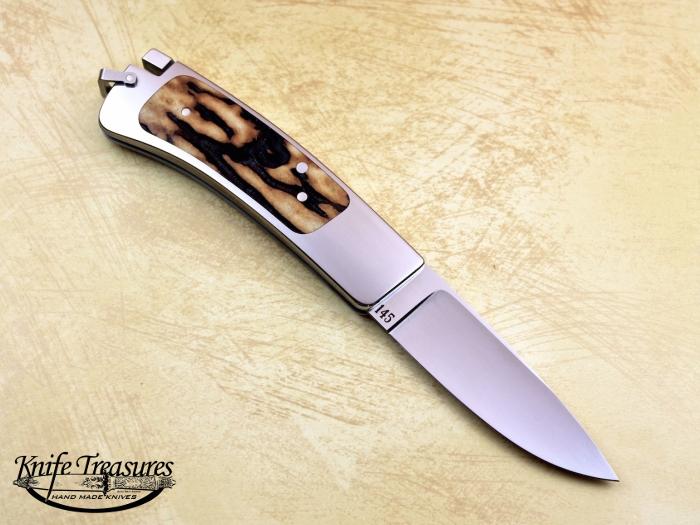 Custom Folding-Inter-Frame, Tail Lock, ATS-34 Stainless Steel, Sambar Stag Knife made by Ron Lake