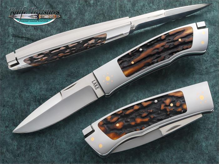 Custom Folding-Inter-Frame, Tail Lock, Un-etched Damascus, Stag Knife made by Ron Lake