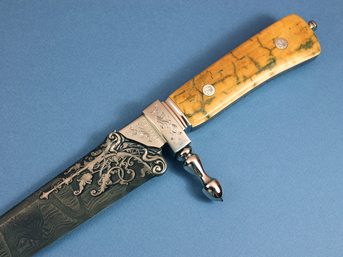 Custom Fixed Blade, N/A, Mosaic Ladder Pattern Damascus, Fossilized Mammoth Knife made by Rick Eaton