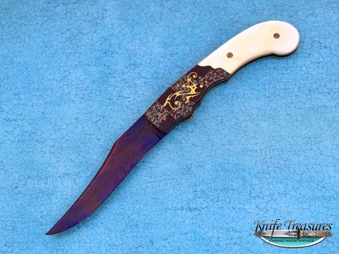 Custom Folding-Bolster, Liner Lock, Blued Damascus, Gold Lip Pearl Knife made by Rick Eaton