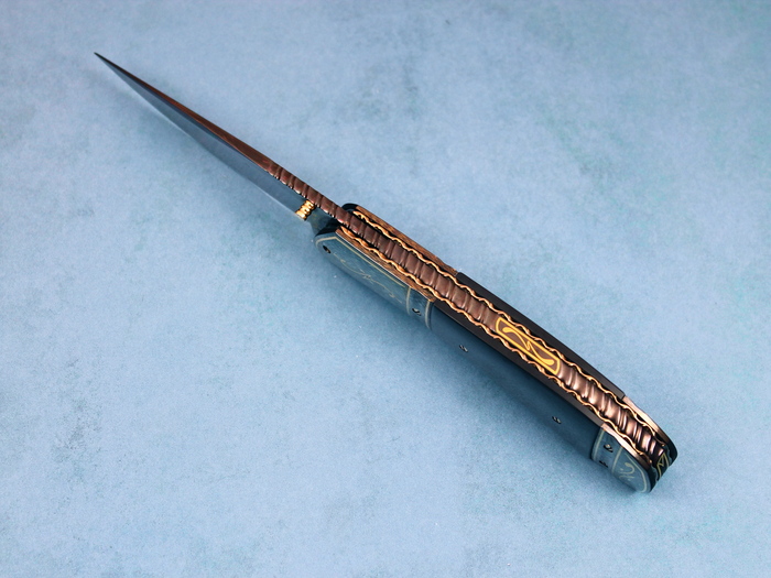 Custom Folding-Bolster, Liner Lock, Damascus Steel by Maker, Fossilized Walrus Ivory Knife made by John W Smith