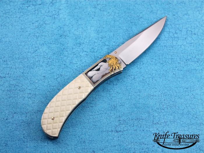 Custom Folding-Bolster, Liner Lock, CPM-154, Checkered Fossilized Mammoth Knife made by John W Smith