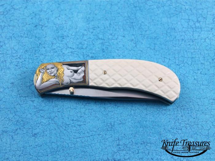 Custom Folding-Bolster, Liner Lock, CPM-154, Checkered Fossilized Mammoth Knife made by John W Smith