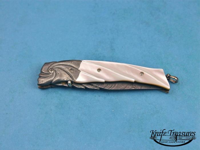 Custom Folding-Bolster, Liner Lock, Damascus Steel, Carved Mother Of Pearl Knife made by Donald  Bell