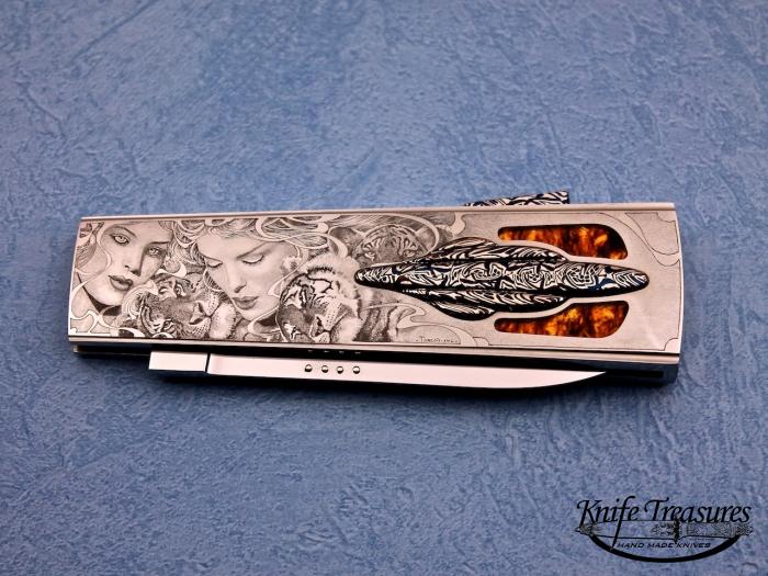 Custom Folding-Inter-Frame, Lock Back, ATS-34 Stainless Steel, Amber & Mosaic Damascus Knife made by Antonio Fogarizzu