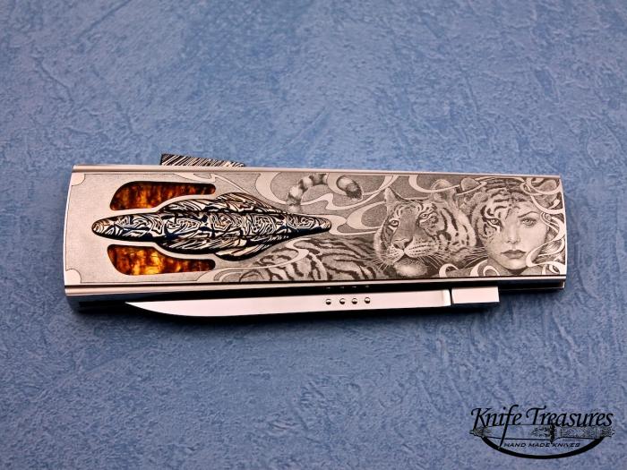 Custom Folding-Inter-Frame, Lock Back, ATS-34 Stainless Steel, Amber & Mosaic Damascus Knife made by Antonio Fogarizzu