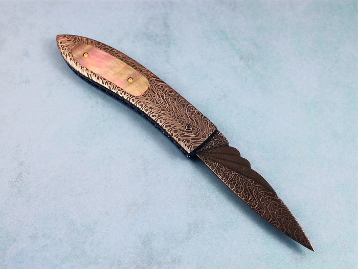Custom Folding-Inter-Frame, Liner Lock, Carved Damascus Steel, Black Lip Pearl Knife made by Jim  Minnick