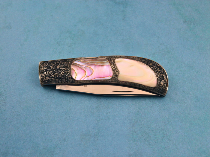 Custom Folding-Inter-Frame, Mid-Lock, ATS-34 Stainless Steel, Abalone & Sea Snail Knife made by Milford J Oliver