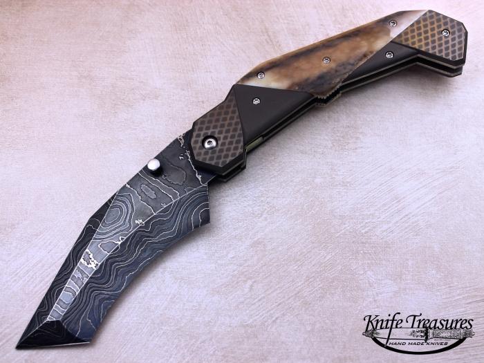 Custom Folding-Bolster, Liner Lock, Damascus Steel, Fossilized Walrus Knife made by Jody Muller