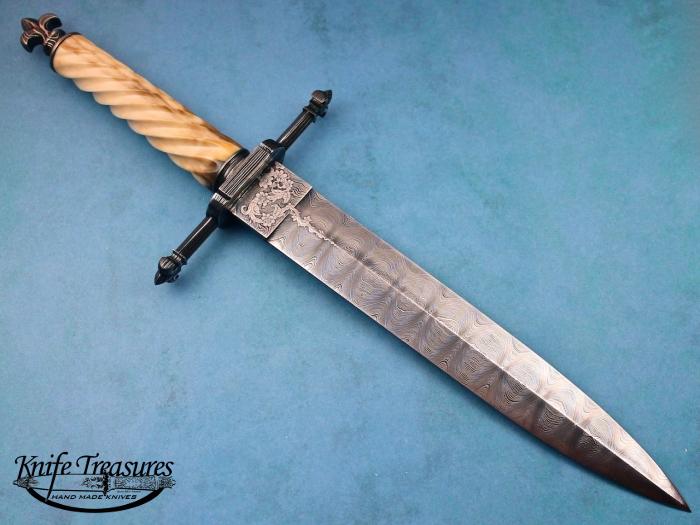 Custom Fixed Blade, N/A, Ladder Pattern Damascus By Jim, Fluted Fossilized Walrus Ivory Knife made by Jim  Schmidt