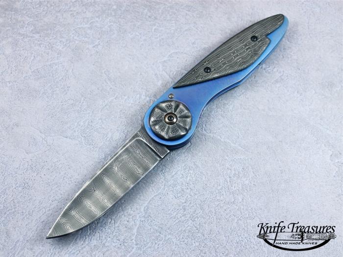 Custom Folding-Bolster, Liner Lock, Damascus Steel, Blued Anodized Titanium Knife made by Randall Gilbreath