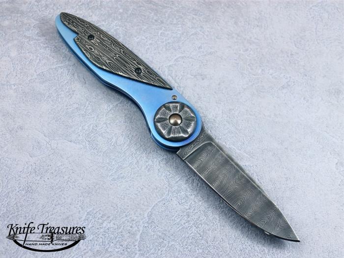 Custom Folding-Bolster, Liner Lock, Damascus Steel, Blued Anodized Titanium Knife made by Randall Gilbreath