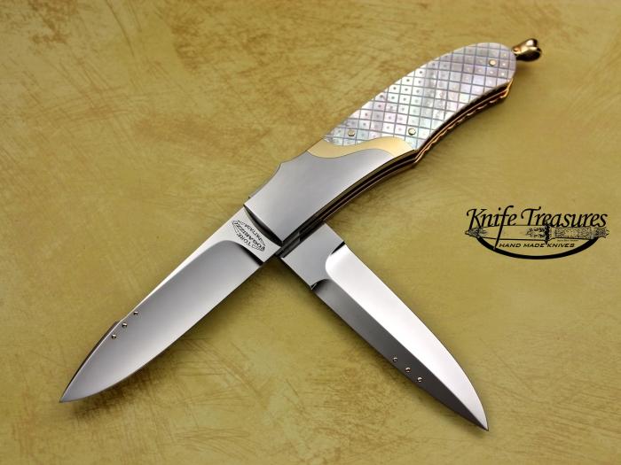 Custom Folding-Bolster, Tail Lock, ATS-34 Steel, Piqued Mother Of Pearl w/Gold Pins Knife made by Tore Fogarizzu