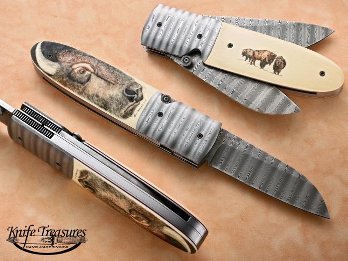 Custom Folding-Bolster, Liner Lock, Ladder Pattern Damascus, Fossilized Mammoth Knife made by Kit Carson