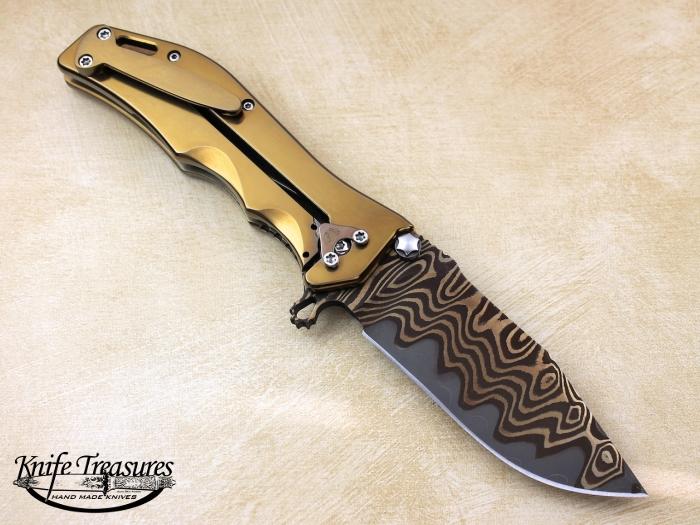Custom Folding-Inter-Frame, Liner Lock,  Chad Nichols Stainless Damascus, Fossilized Mammoth Tooth Knife made by Darrel Ralph