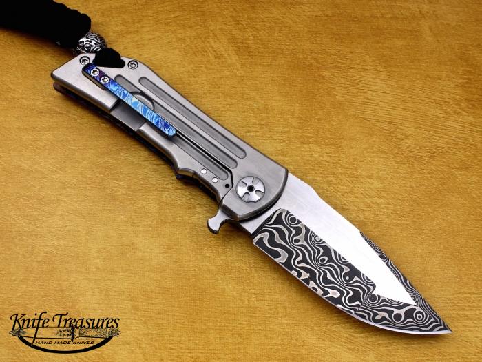 Custom Folding-Inter-Frame, Liner Lock,  Chad Nichols Damascus Steel, Raindrop Mokuti Knife made by Darrel Ralph