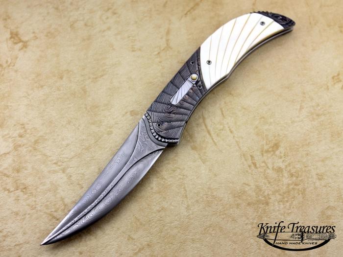 Custom Folding-Bolster, Liner Lock, Carved Damascus, Carved Gold Lip Pearl Knife made by Rex Robinson
