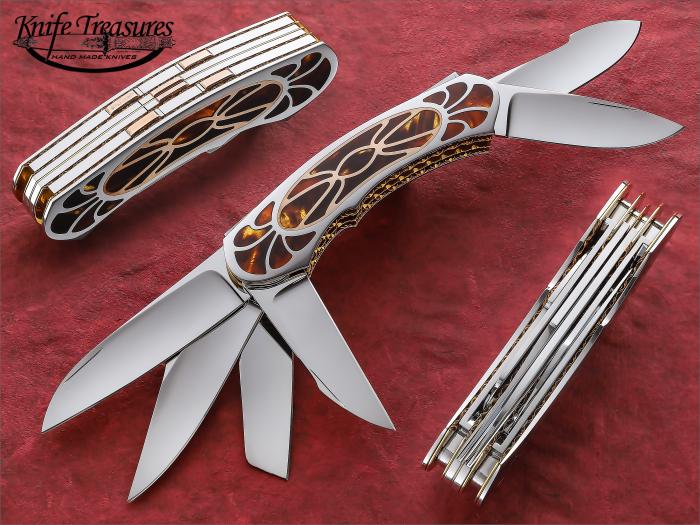 Custom Folding-Inter-Frame, Lock Back, ATS-34 Stainless Steel, Antique Amber Knife made by Salvatore Puddu