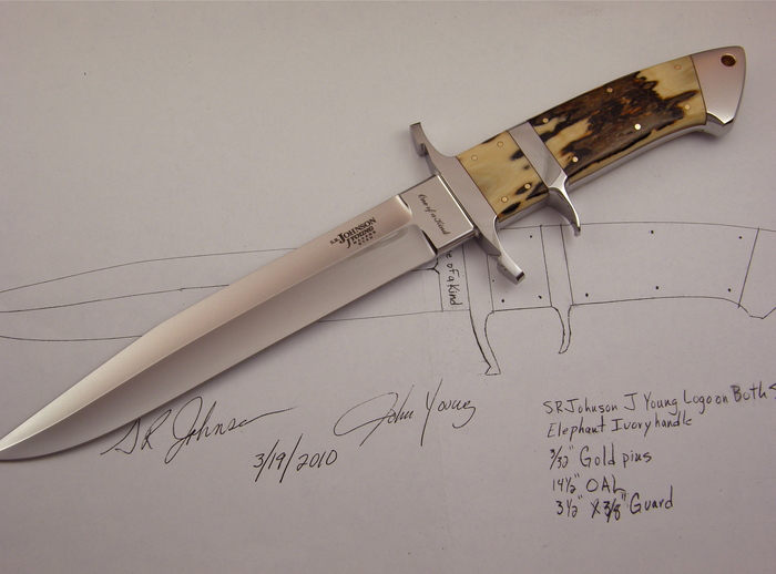Custom Fixed Blade, N/A, ATS-34 Steel, Mammoth Ivory Knife made by J Young SR Johnson