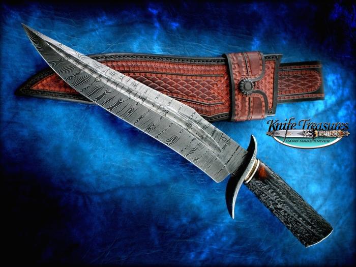 Custom Fixed Blade, N/A, Damascus 1095/15N20 Twisted Pattern, Stag Horn Knife made by Claudio Sobral