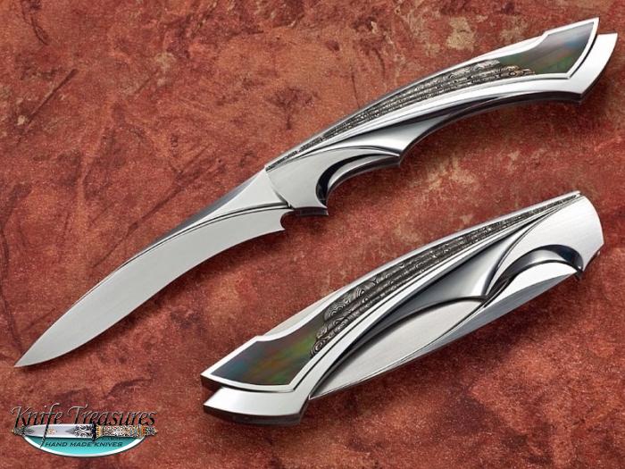 Custom Folding-Inter-Frame, Lock Back, ATS-34 Stainless Steel, Damasteel Stainless Damascus & Black Lip Pearl Knife made by Wolfgang Loerchner