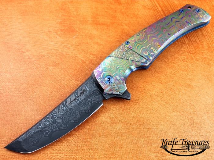 Custom Folding-Inter-Frame, Liner Lock, Chad Nichols San Mai Damascus, Timascus Knife made by Mike Zscherny