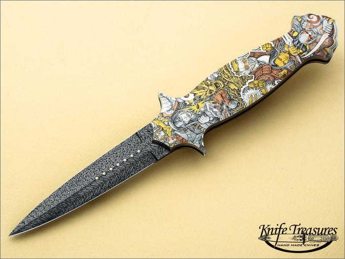 Custom Folding-Inter-Frame, Lock Back, John Horrigan Turkish Twist Damascus, 416 Stainless Steel Knife made by Rick Genovese