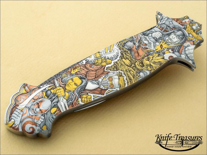 Custom Folding-Inter-Frame, Lock Back, John Horrigan Turkish Twist Damascus, 416 Stainless Steel Knife made by Rick Genovese