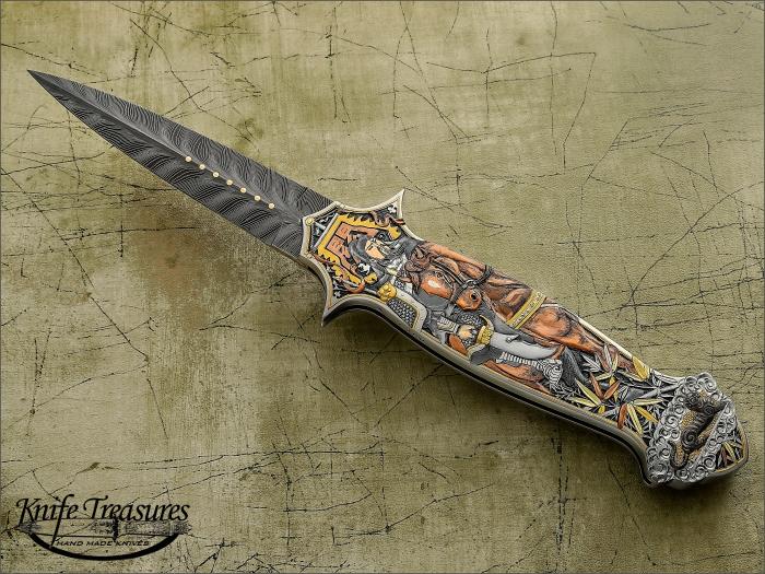 Custom Folding-Inter-Frame, Lock Back,  Kevin Casey Feather Damascus, 416 Stainless Steel Knife made by Rick Genovese