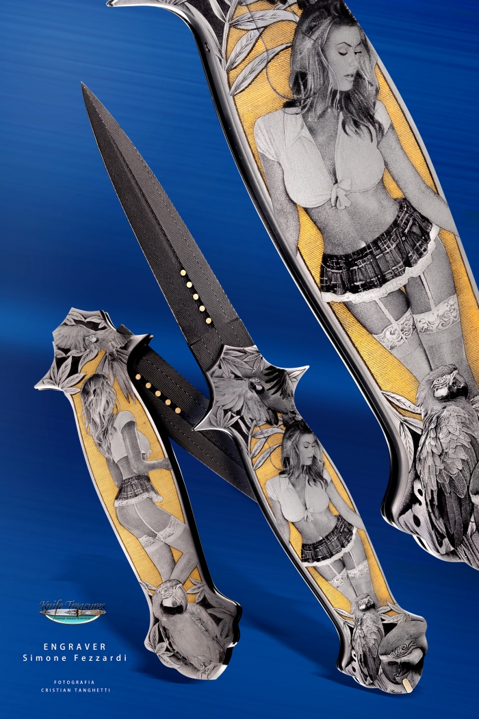 Custom Folding-Inter-Frame, Lock Back, Vegas Forge Herringbone Damascus, 416 Stainless Steel Knife made by Rick Genovese