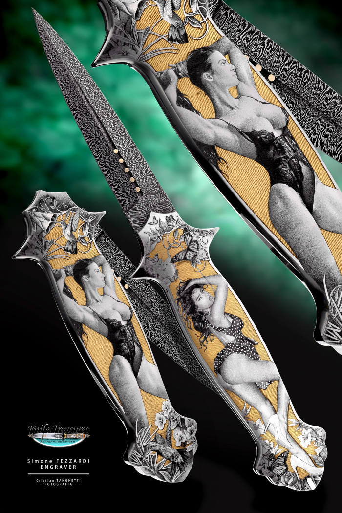 Custom Folding-Inter-Frame, Lock Back, John Horrigan Explosion Damascus, 416 Stainless Steel Knife made by Rick Genovese