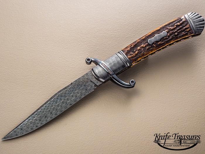 Custom Folding-Bolster, Liner Lock, Damascus By , Stag Knife made by Javier Vogt