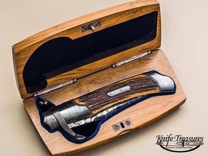 Custom Folding-Bolster, Liner Lock, Damascus Steel By , Stag Knife made by Javier Vogt