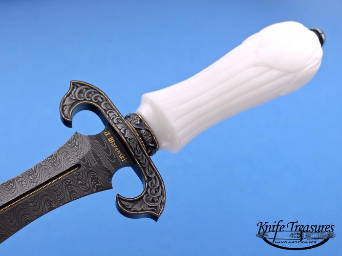 Custom Fixed Blade, N/A, Rob Thomas Ladder Pattern Damascus, Carved White Marble Knife made by Julie Warenski-Erickson