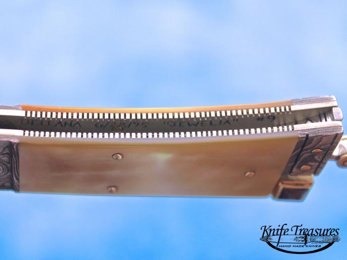 Custom Folding-Bolster, Tail Lock, Damascus Steel by Maker, Gold Lip Pearl Knife made by  Dellana
